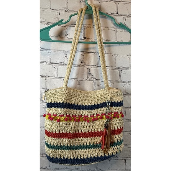 The Sak Crochet Stripe Tote Bag Purse Shoulder Bag with Charm - Picture 1 of 4